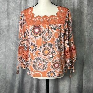 Zac & Rachel 3/4 Sleeve Printed Crochet Trim Blouse Bombay Brown/ Lotus